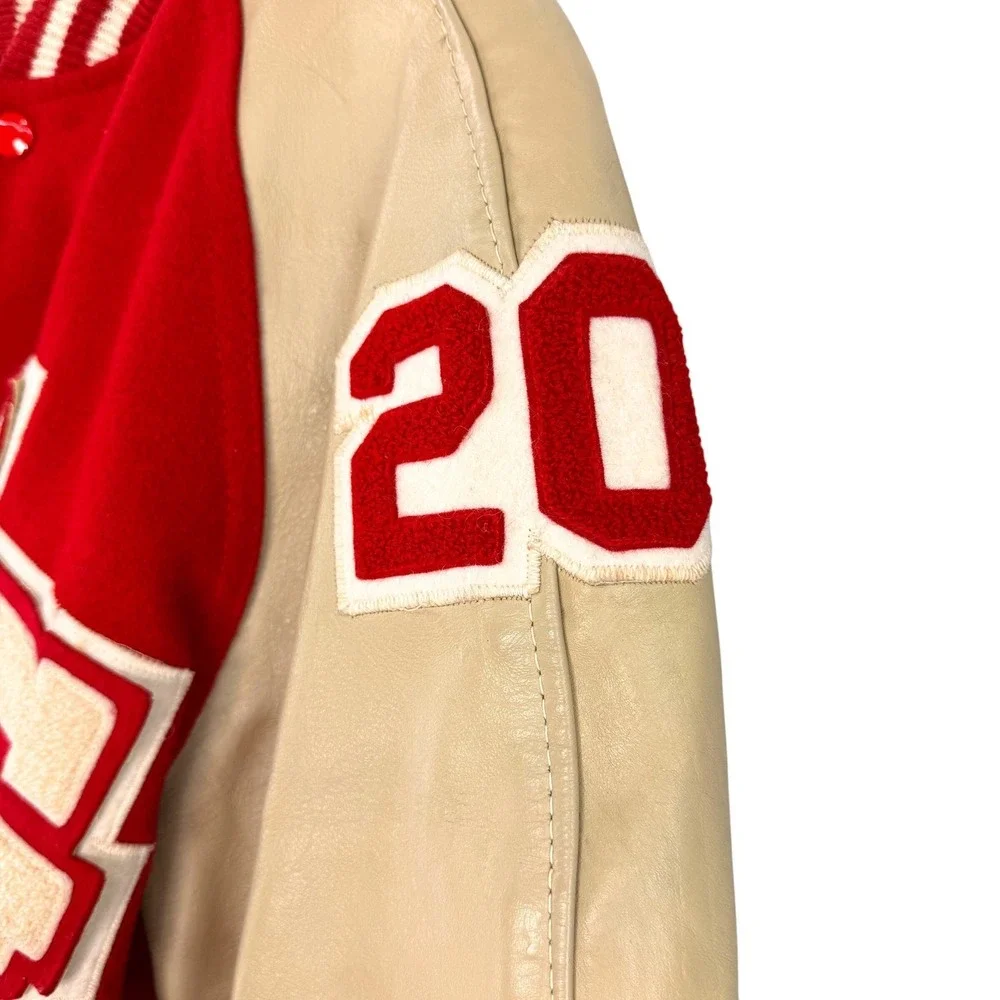 Vintage‎ Diamond Sports Tom Crowl Letterman Jacket Red Wool Tan Leather Size 44